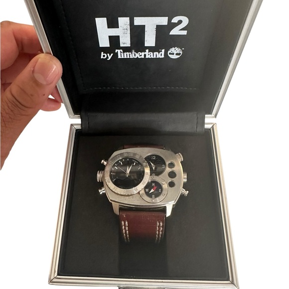 Timberland HT 2 Dual Dial Silver and Brown Watch with Leather Strap with Case